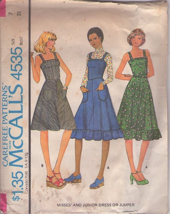 McCall's 4535 Vintage 70's Sewing Pattern Summer Petite Jumpers, Time Petite Boho Shoulder Button Straps Flared Sundress, Jumper, Dress 2 Styles Size 7