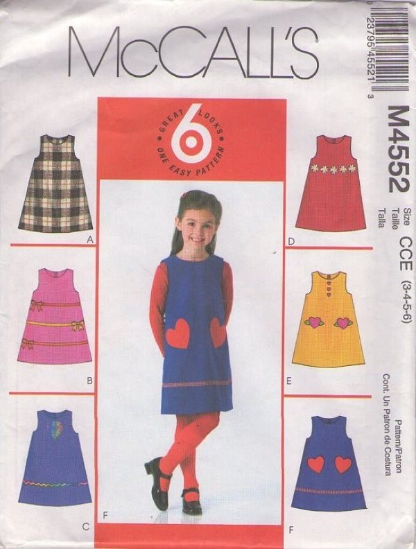 McCall's 4552 Retro 2004 Sewing Pattern Girls' Easy Jumper Set, 6 Great Looks, School Dress Size 3-5