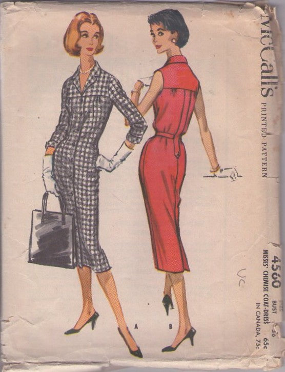 McCall's 4560 Vintage 50's Sewing Pattern Rockabilly Dress, Front Buttoned Coat Dress, Rear Interest Size 16