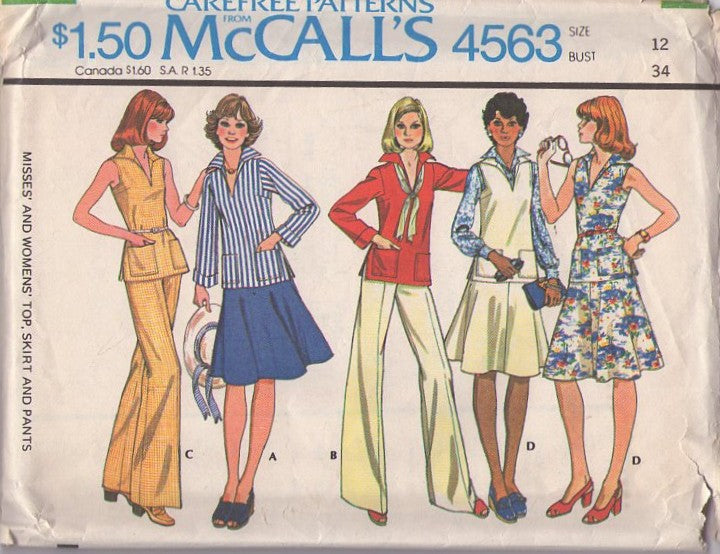 McCall's 4563 Vintage 70's Sewing Pattern Nautical Separates, Wing Collar Tunic Top Blouse, Flared Flounced Skirt, Bell Bottom Flared Pants Size 12