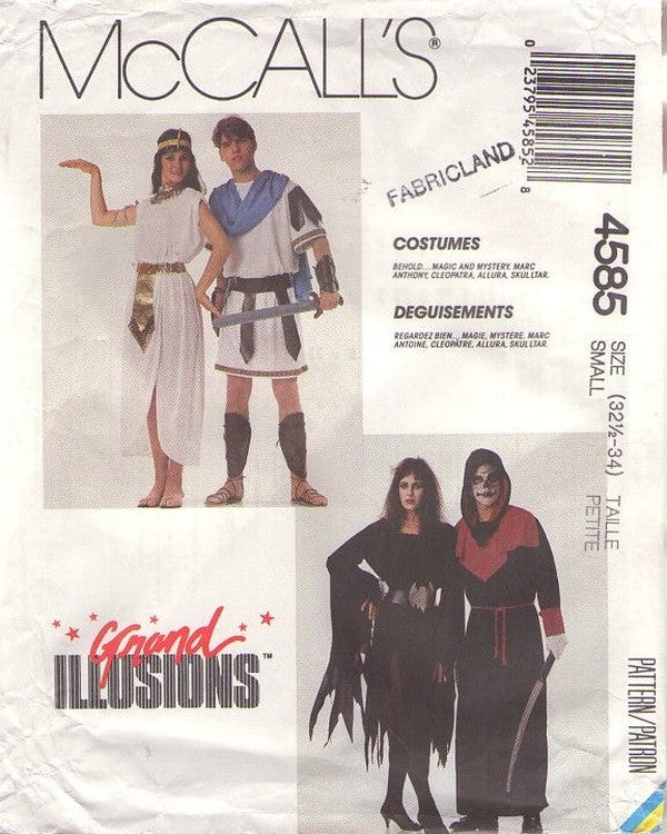 McCall's 4585 Vintage 80's Sewing Pattern Couples' Costumes, Halloween Costume Cleopatra Marc Antony, Witch & Grim Reaper Grand Illusions Dress, Tunic Size S CUT