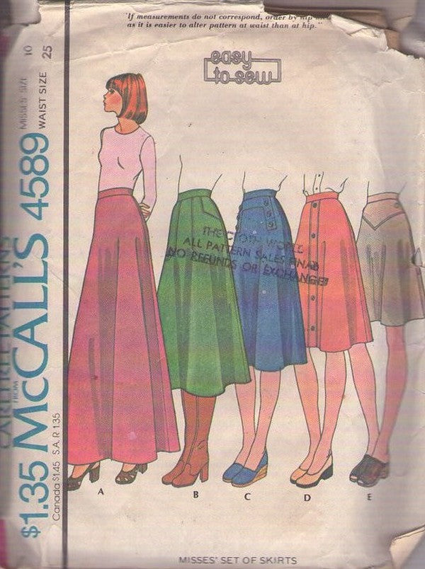 McCall's 4589 Vintage 70's Sewing Pattern Classic Skirts, Easy to Sew Very Versatile Secretary, Daytime, Evening Skirt in 5 Length & Style Options Size 10