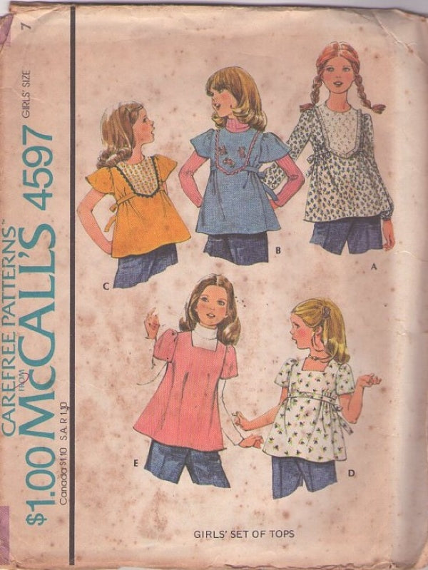 McCall's 4597 Vintage 70's Sewing Pattern Girls' Hippie Smock Top Blouse, Tie Back, Sleeve & Neckline Choices Size 7