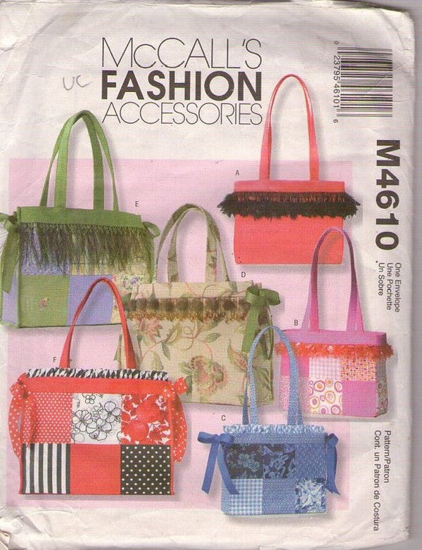 McCall's 4610 Retro 2004 Sewing Pattern Fashion Accessories, Fringe or Lace Trim Bags, Tote Bag, Travel, Purse 6 Styles