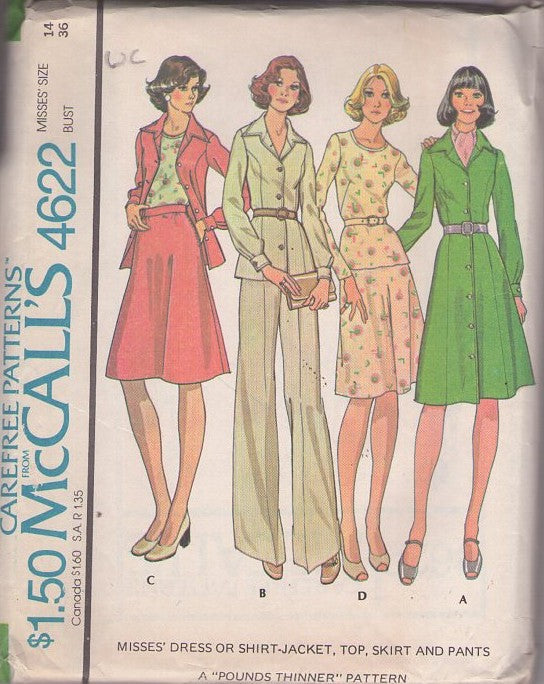 McCall's 4622 Vintage 70's Sewing Pattern Secretary Separates, Princess Seams Front Buttoned Coat Dress, Shirt Jacket Blouse, Pullover Top, Flared Skirt & Trousers Size 14