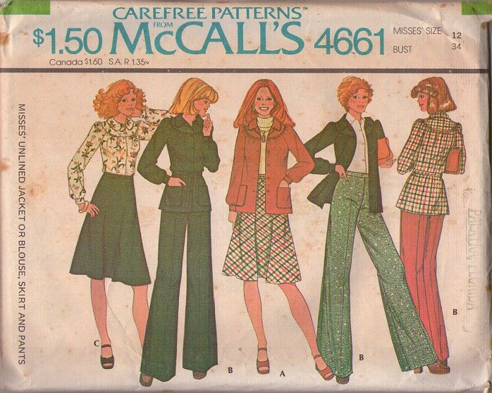 McCall's 4661 Vintage 70's Sewing Pattern Secretary Separates, Round Yoked Blouse, Top, High Waist Pants, A-Line Skirt, Shirt Jacket Size 12