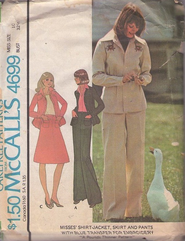 McCall's 4699 Vintage 70's Sewing Pattern Hippie Separates, Retro Embroidery Trimmed Shirt Jacket, A-Line Skirt, Flared Bell Bottom Jeans, Pants Size 10