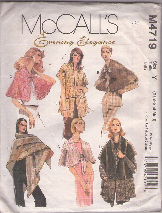 McCall's 4719 Retro 2004 Sewing Pattern Capes, Wraps, Evening Elegance Faux Fur Cape, Shawl, Capelet, Wrap with Pockets, Evening Cover Ups Size XS-M