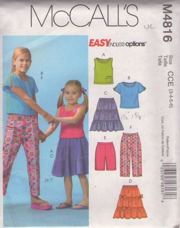 McCall's 4816 Retro 2005 Sewing Pattern Easy Endless Options, Girls Tshirt Top, Tank, Tier Skirt, Capri Pants, Shorts Size 3-6