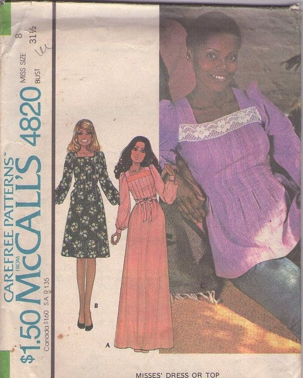 McCall's 4820 Vintage 70's Sewing Pattern Hippie Top, Secretary Dress, Disco Pleats Hostess Gown Size 8
