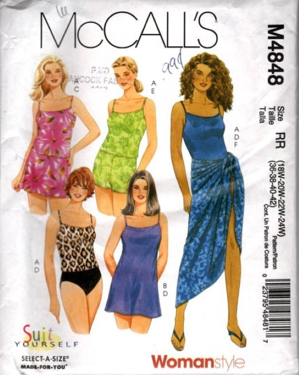 McCall's 4848 Retro 2005 Sewing Pattern Suit Yourself Modest Tankini Swimsuits, Tank Top, Shorts, Skirted Bottoms, Swim Dress, Sarong Skirt Size 18W-24W