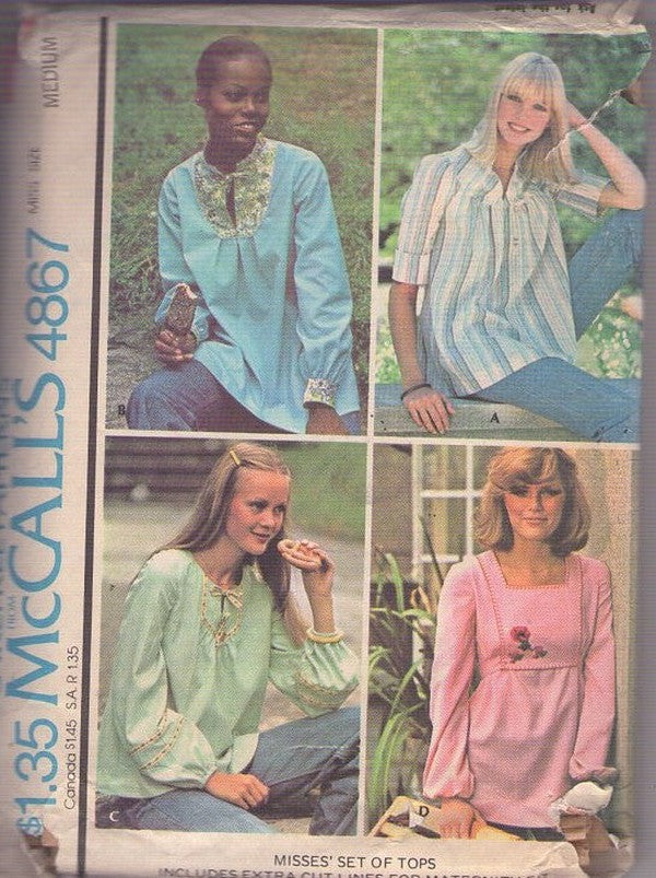 McCall's 4867 Vintage 70's Sewing Pattern Hippie Smock Tops, Bump Friendly, Loose Fit Blouse, Shirt Set 4 Styles Size M