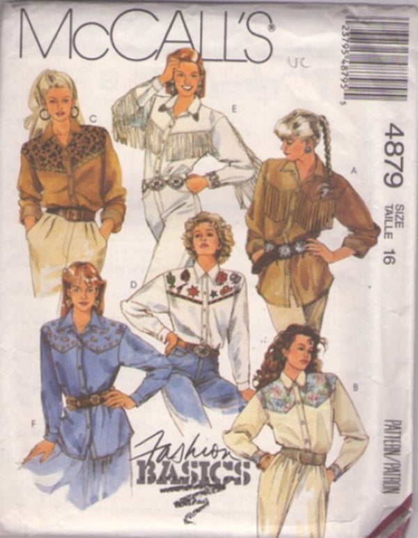 McCall's 4879 Vintage 90's Sewing Pattern FANCY Western Shirt, Fashion Basics Embellished Fringe Show Blouse Set Size 16