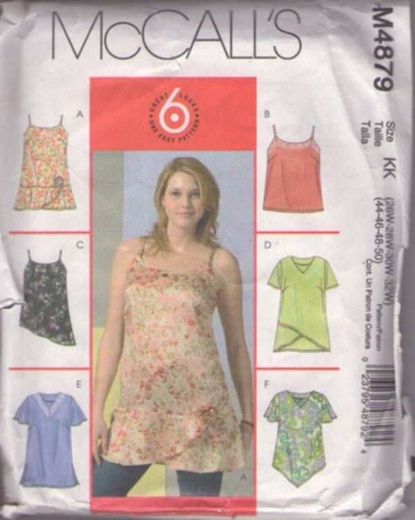 McCall's 4879 Retro 2005 Sewing Pattern Plus Size Tops Set, 6 Great Looks, Summer Camisole Cami Top, Asymmetric Hem Blouse, Shirt Set Size 26W-32W