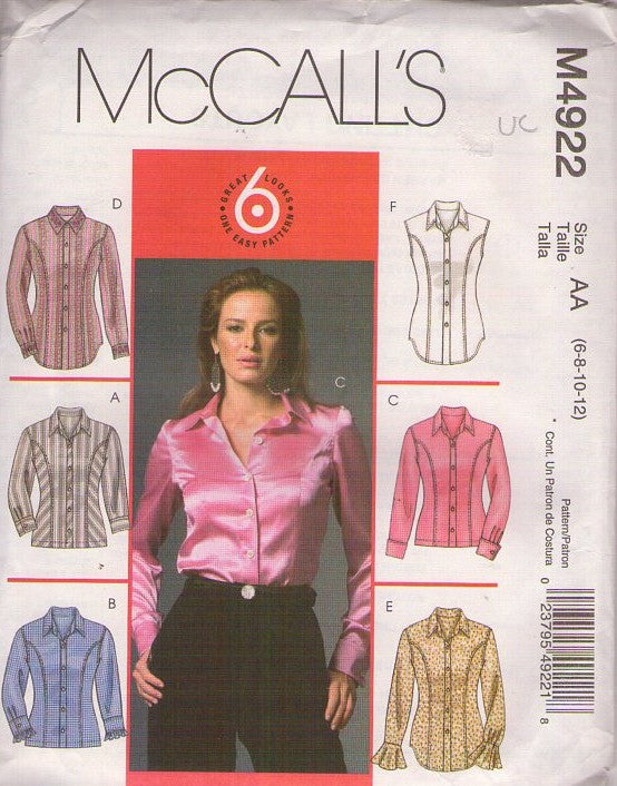 McCall's 4922 Retro 2005 Sewing Pattern Blouse, Shirt Set, Princess Seams, Buttons, 6 Great Looks Size 6-12