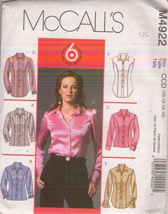 McCall's 4922 Retro 2005 Sewing Pattern Blouse, Shirt Set, Princess Seams, Buttons, 6 Great Looks Size 10-16