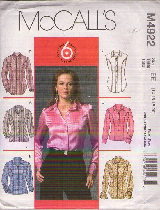 McCall's 4922 Retro 2005 Sewing Pattern Blouse, Shirt Set, Princess Seams, Buttons, 6 Great Looks Size 14-20