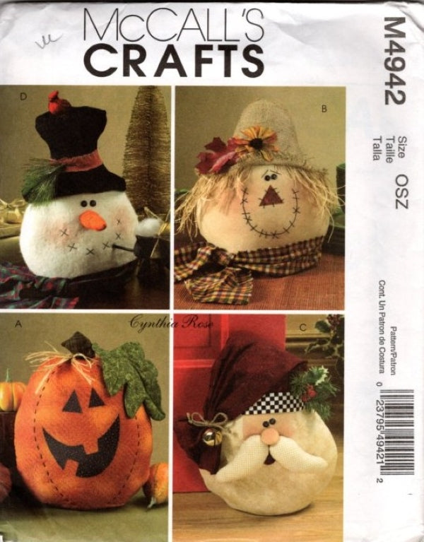 McCall's 4942 Retro 2005 Sewing Pattern Cute Plush Holiday Pillow Heads, Santa Claus, Snowman, Pumpkin, Scarecrow, Designs by Cynthia Rose OZ