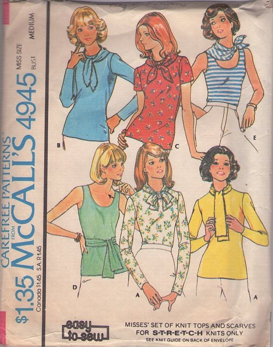 McCall's 4945 Vintage 70's Sewing Pattern Easy to Sew Tops, Knits Scoop Neck Tank Top, Pullover Top, Shirt & Shaped Neck Kerchief Scarf Size M