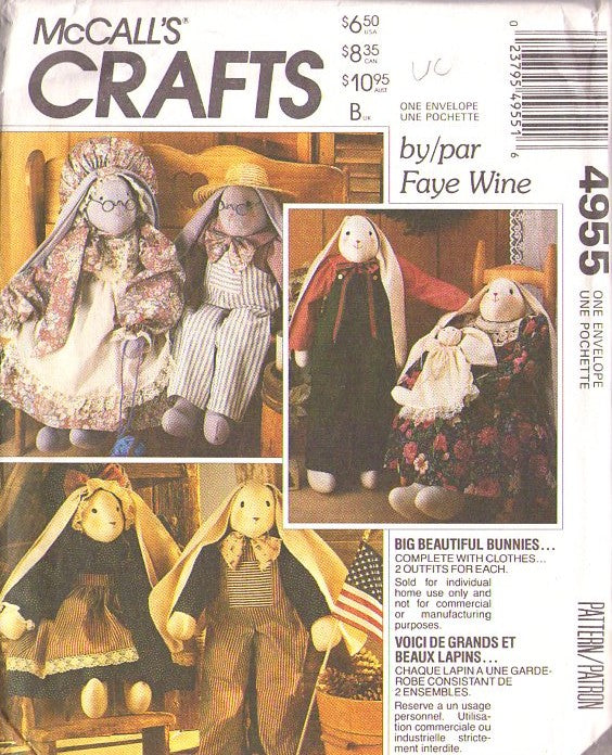 McCall's 4955 Vintage 90's Sewing Pattern Big Beautiful Bunnies, Rabbit Dolls, Clothes by Faye Wine