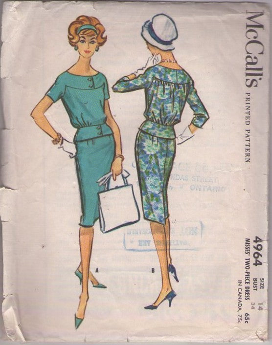 McCall's 4964 Vintage 50's Sewing Pattern Rockabilly Suit Dress, 2 Piece Day Dress, Peplum Yoke Blouson Blouse Top, Slim Sheath Skirt Size 14