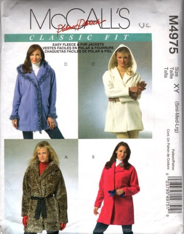 McCall's 4975 Retro 2005 Sewing Pattern Classic Fit Easy Fleece, Fur Jackets, Palmet Pletsch Coat Set 4 Styles Size S-L