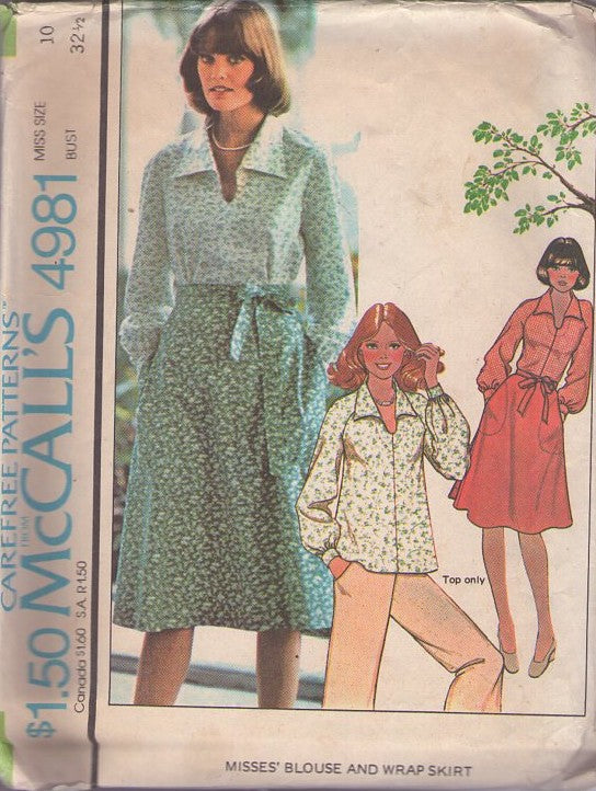 McCall's 4981 Vintage 70's Sewing Pattern Casual Separates, Disco Era Raglan Sleeve, Wing Collar Pullover Blouse, Shirt, Wrap Around & Tie Cargo Pockets Skirt Size 10 CUT