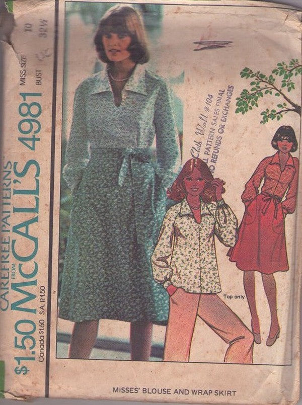 McCall's 4981 Vintage 70's Sewing Pattern Casual Separates, Disco Era Raglan Sleeve, Wing Collar Pullover Blouse, Shirt, Wrap Around & Tie Cargo Pockets Skirt Size 10 UNCUT