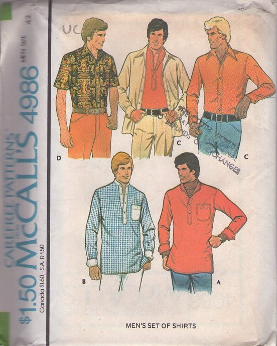 McCall's 4986 Vintage 70's Sewing Pattern Men's Shirts, Retro Shirt Set, Camp Hawaiian Cruise, Shirt Jacket, Pullover Polo Style with Button Band 4 Styles Size 42 XL