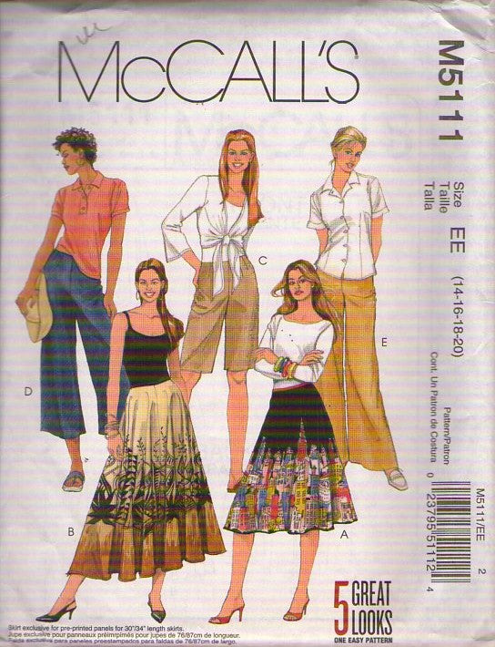 McCall's 5111 Retro 2006 Sewing Pattern Panel Skirt, Shorts, Gauchos, Pants Set, 5 Great Looks Size 14-20