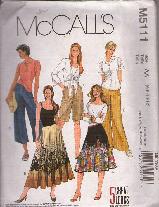 McCall's 5111 Retro 2006 Sewing Pattern Panel Skirt, Shorts, Gauchos, Pants Set, 5 Great Looks Size 6-12