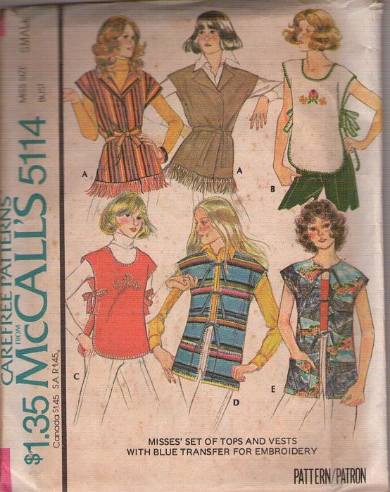 McCall's 5114 Vintage 70's Sewing Pattern Hippie Poncho Tops, Side Ties, Fringe, Shirt, Jacket, Cover Ups NEAT Size S