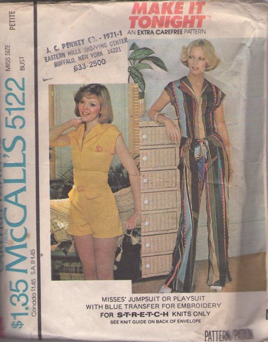 McCall's 5122 Vintage 70's Sewing Pattern Disco Jumpsuits, Make It Tonight Extra Carefree Disco Babe Wing Collar Playsuit, Romper, Jumpsuit Coveralls Size P CUT