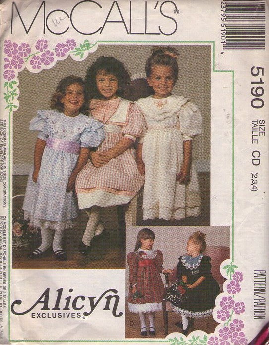 McCall's 5190 Vintage 90's Sewing Pattern Girl's Modest Party Dress, Alicyn Exclusives, 5 Holiday Fancy Styles Size 2-4