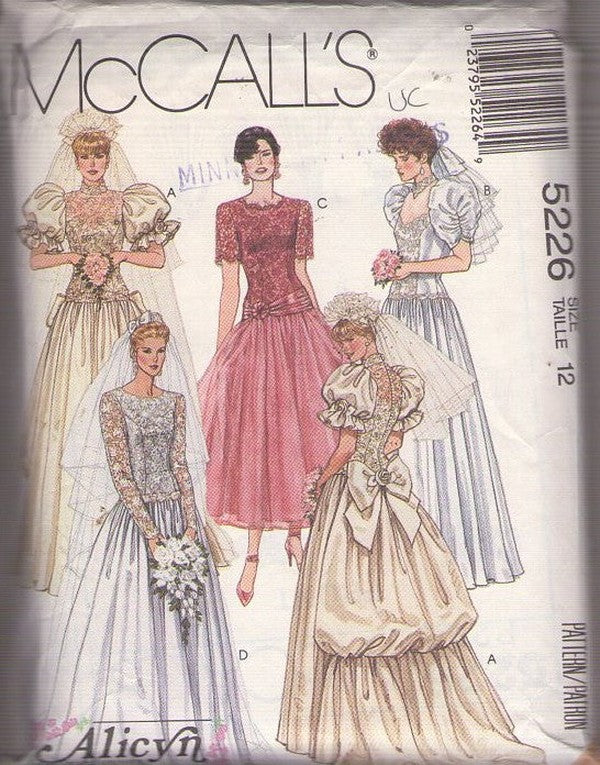 McCall's 5226 Vintage 90's Sewing Pattern Bridal Gowns, Alicyn Exclusives Drop Waist, Bustle Back, Lace Bodice, Sleeve Choices Wedding Dress, Bridesmaid Gown Size 12