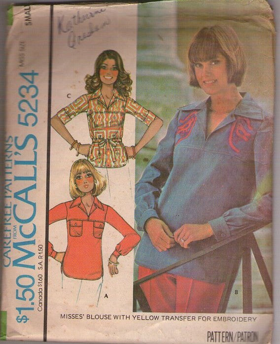 McCall's 5234 Vintage 70's Sewing Pattern Hippie Blouse, Pullover Shirt, Yoke Details, Pockets, 3 Styles Size S