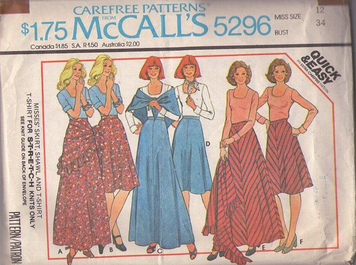 McCall's 5296 Vintage 70's Sewing Pattern Bohemian Skirts, Quick & Easy, Bias Festival Skirt, Secretary Skirt, Scoop Neck Tshirt Top & Wrap Shawl Size 12