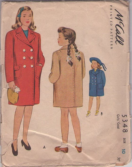 McCall's 5348 Vintage 40's Sewing Pattern Girls' Coat, Jacket Set, WW2 Era Double Breasted Pea Coat, Winter Jacket Set Size 10