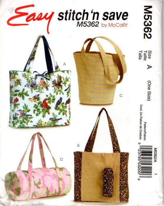 McCall's 5362 Retro 2007 Sewing Pattern Easy Stitch N Save Tote Bags, Beach, Grocery, Carry All Bag Set OZ