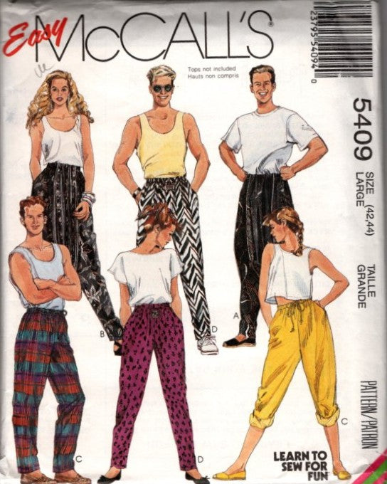 McCall's 5409 Vintage 90's Sewing Pattern Easy Unisex Surf Pants, Loose Fitting Jams, Capris Pant 4 Styles Size L