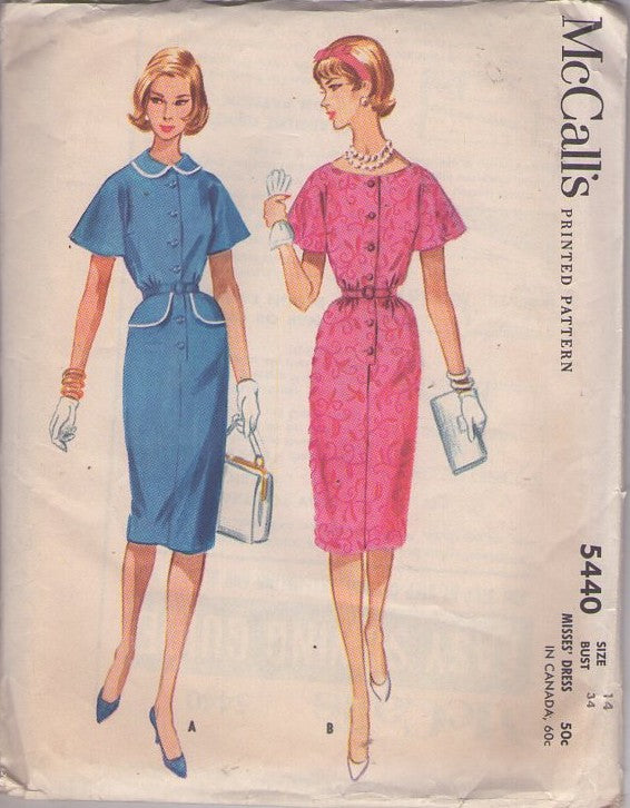 McCall's 5440 Vintage 60's Sewing Pattern Rockabilly Sheath Dress, Step In, Button Front Band Day Styles, Flutter Sleeves Size 14