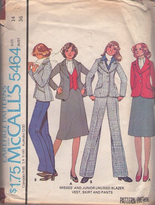 McCall's 5464 Vintage 70's Sewing Pattern Secretary Separates, Disco Era, Fitted Blazer Suit Jacket, Vest, Panel Cut A-Line Skirt & Pants Size 14