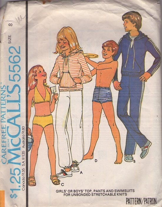 McCall's 5562 Vintage 70's Sewing Pattern Kids' Swimsuits, Bikini Bathing Suit Top, Bottoms, Swim Trunks, Hooded Jacket, Sweatpants, Jogging Suit Size 8