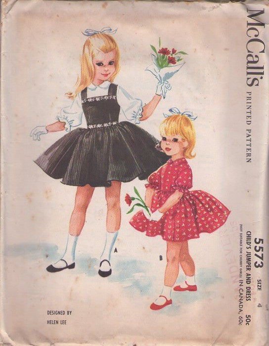 McCall's 5573 Vintage 60's Sewing Pattern Girls' Dress Set, Designer Helen Lee, Full Circle Skirt Jumper, Party Dress, 2 Styles Size 4