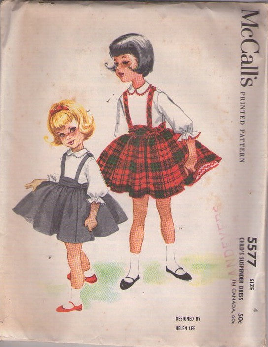 McCall's 5577 Vintage 60's Sewing Pattern Girls' Dress Set, Designer Helen Lee, 2 Tone Suspender Skirt School Dress, Attached Petticoat, One Piece with Two Piece Look Size 4