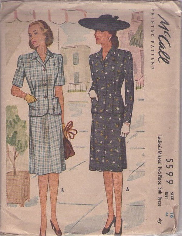 McCall's 5599 Vintage 40's Sewing Pattern Jaunty 2 Piece Suit Dress, Jacket Top, Skirt Size 16