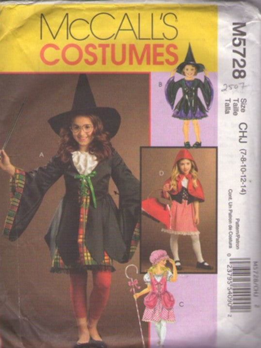 McCall's 5728 Retro 2008 Sewing Pattern Character Costumes, Twists On Classic Costumes Harry Potter Hermione Granger, Little Red Riding Hood, A Witch, Little Bo Peep Dress Set Size 7-14