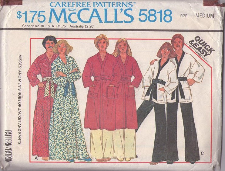 McCall's 5818 Vintage 70's Sewing Pattern Wrap Robes, Mens' & Womens' Karate Wrap Tunic Top & Pants, Matching His & Hers Bathrobe, Robes & Tie Belts Size XS
