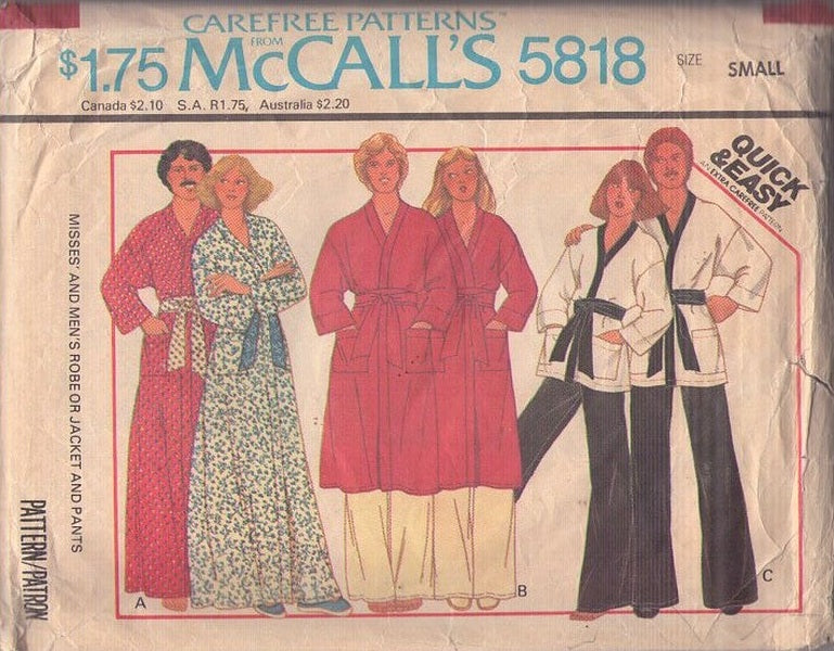 McCall's 5818 Vintage 70's Sewing Pattern Wrap Robes, Mens' & Womens' Karate Wrap Tunic Top & Pants, Matching His & Hers Bathrobe, Robes & Tie Belts Size S