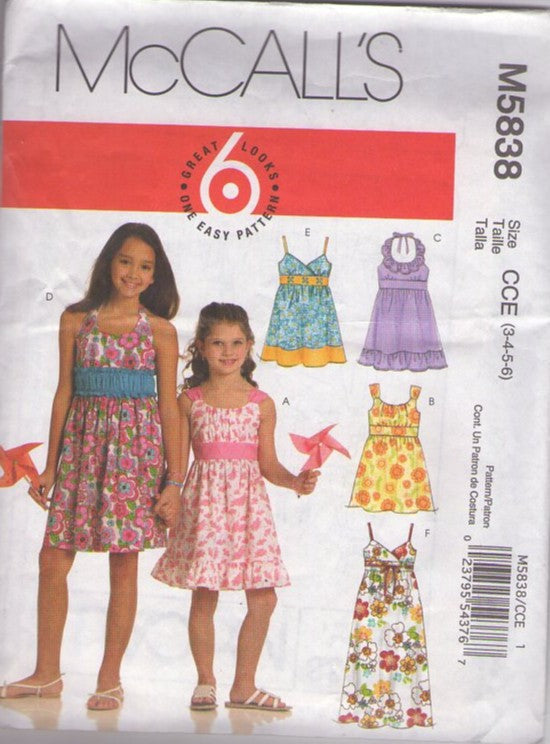 McCall's 5838 Retro 2009 Sewing Pattern Girls' Dresses, 6 Great Looks 1 Easy Pattern Summer Sun Dress Set, Short or Maxi Size 3-6